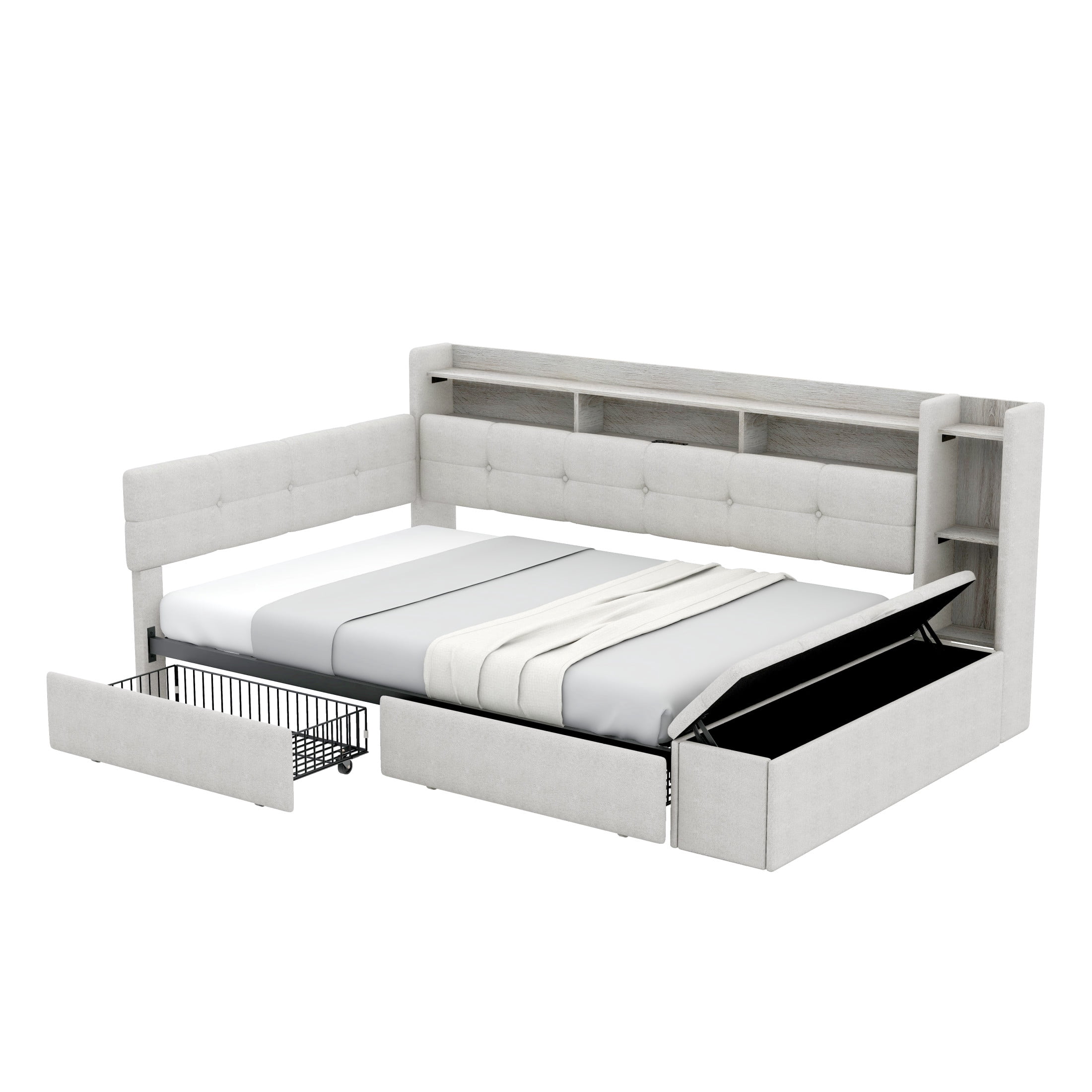 Noble House Brevon Full Size Upholstered Daybed with Extra Drawers, Storage Footstool, USB Port and LED Light, Beige