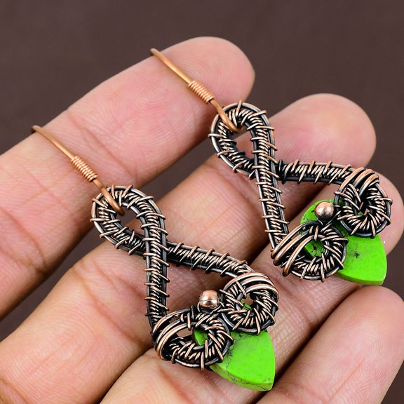 Natural Copper Green Turquoise Handmade Copper Wire Wrap Earring 2.28