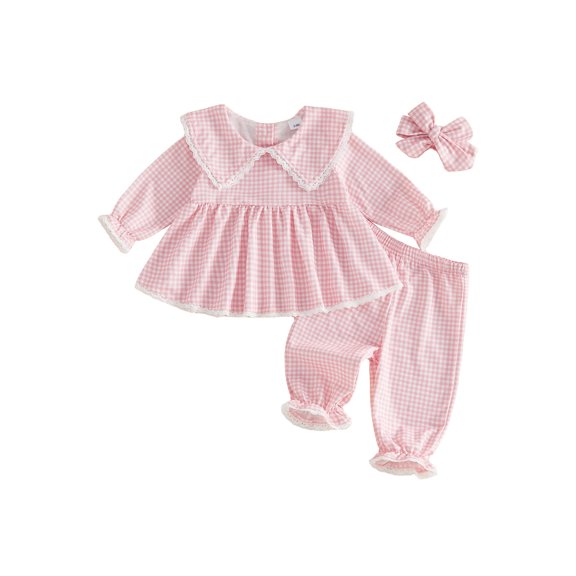 Cjfdfy Toddler Baby Girl Plaid Fall Outfits Long Sleeve Doll Collar Tops Elastic Pants Headband Three-piece Set Infant Fall Winter Outfit Long Sleeve Lacee Tops And Flare Pant