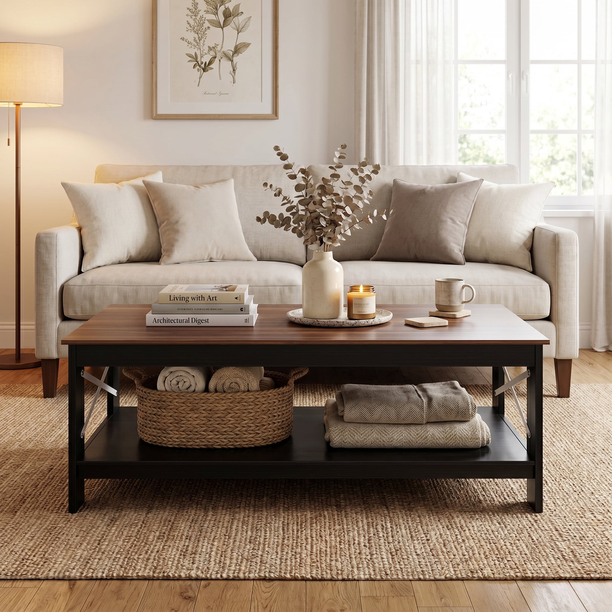 BEAUTYPEAK 40"x22" Coffee Table with Storage Shelves Rectangular Living Room Center Table, Walnut