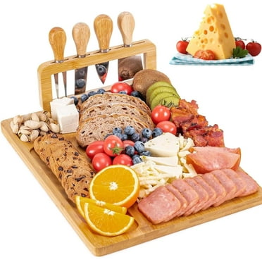 Kisportee Bamboo Cheese Board and Knife Set - 14” x 11” Large Charcuterie Boards Set, Cheese Tray Platter Servers with Knife Holder, Gift for Anniversary, Housewarming, Christmas, Thanksgiving