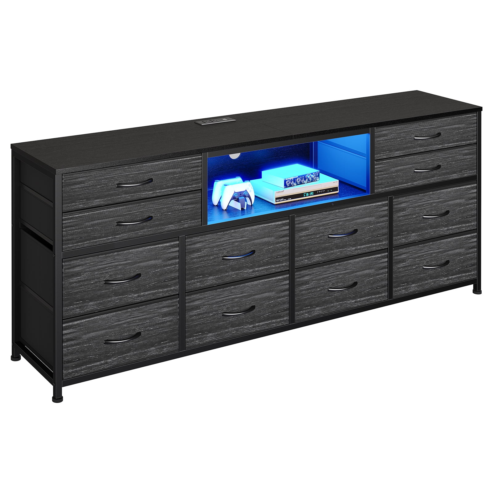 Afuhokles 12 Drawer Dresser for Bedroom, Long Dresser TV Stand Media Console with Led Lights and Power Outlets, Retro Black