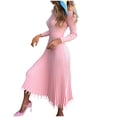 thumbnail image 2 of Fesfesfes Dresses for Women Solid Color Knitted Long Sleeve Party Dress Round Neck Bottoming Pleated Dress, 2 of 9