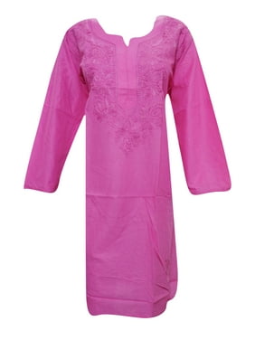 Mogul Womens Ethnic Cotton Long Tunic Pink Floral Embroidered Long Sleeves Summer Comfy Dress XXL