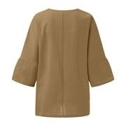 VEKDONE Womens Cotton Linen Gauze Tshirts Summer Half Sleeve Crewneck Peasant Blouse Loose Fit Plus Size Lounge Shirts Solid Color Side Slit Tunics Tops