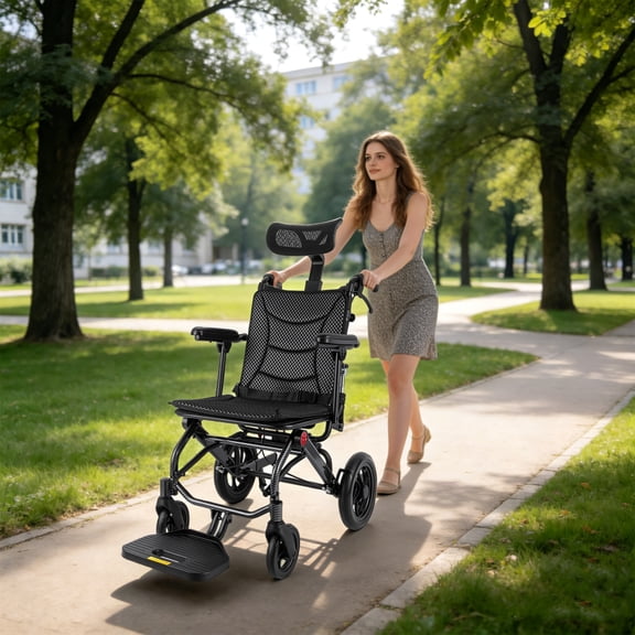 Lightweight Reclining Travel Wheelchair, Folding All Terrain Reclining Transport Wheelchair with Seat Belt and Headrest, Portable Wheel Chair 286.6 lbs Adjustable Backrest & Headrest