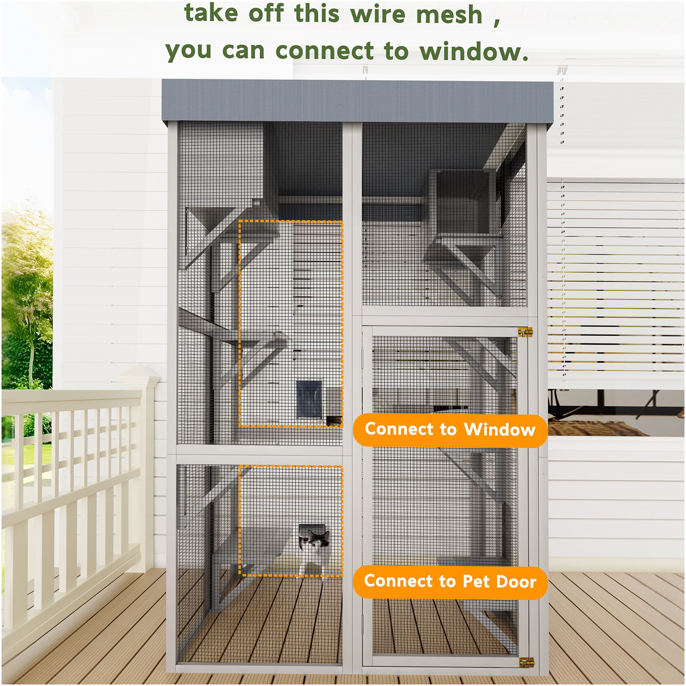 JERFIT Large 70.5 Inch Outdoor Wooden Catio Enclosure with Sunbathing Deck, 6 Platforms & 2 Condos, Waterproof Cover, Gray Cat Playpen