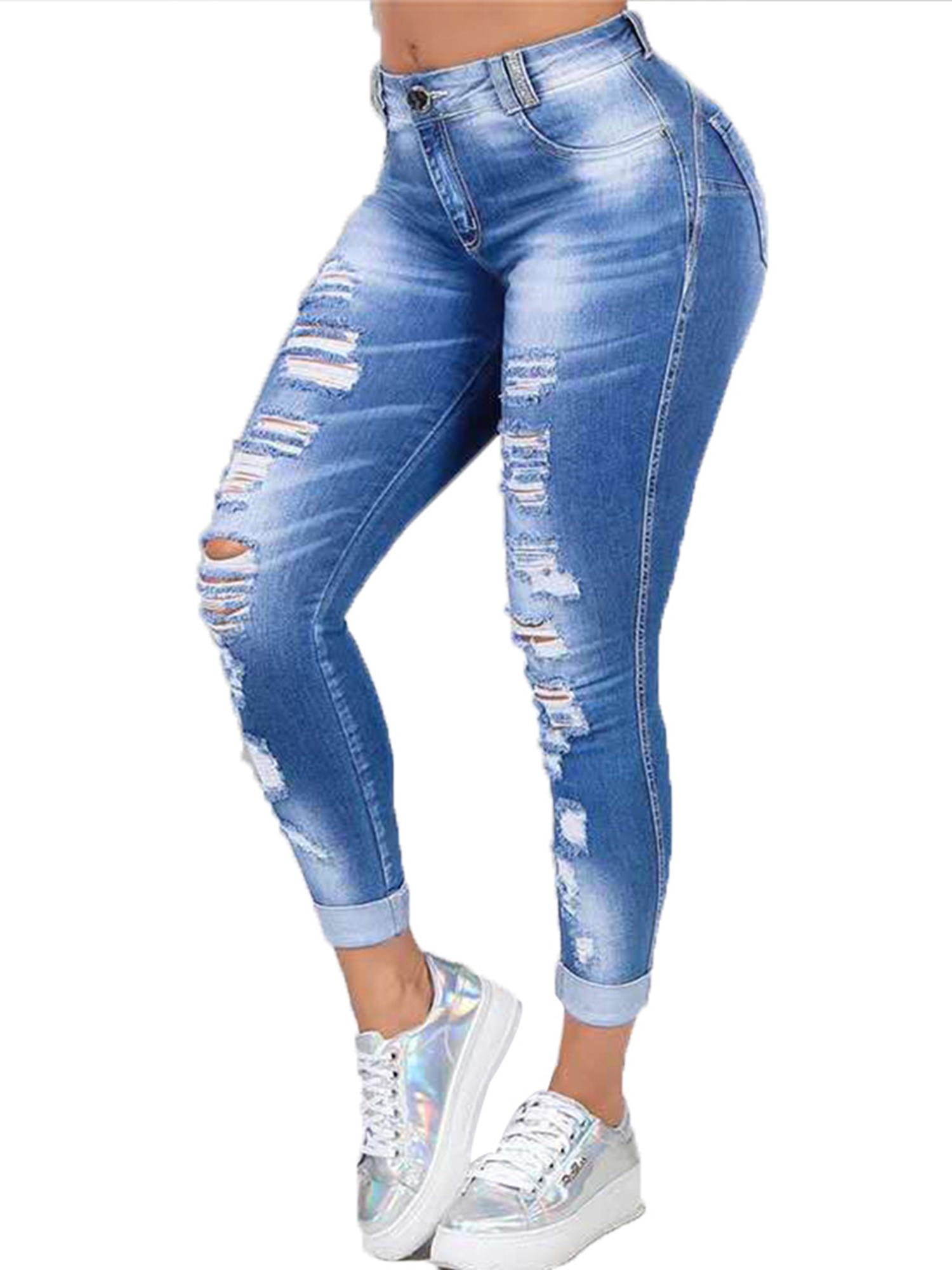 Fashion S-5XL Plus Size Women Skinny Denim Jeans Ripped Jeggings Pants Trousers