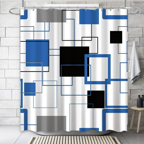 Royal Blue White Shower Curtain Abstract Black Grey Geometric Fabric Bath Curtain Mid Century Modern Minimalist Bathroom Bathtub Curtain
