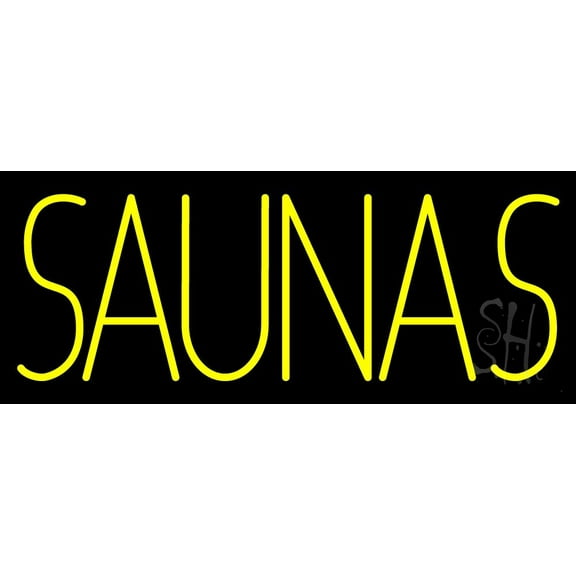 Yellow Saunas LED Neon Sign 10 x 24 - inches, Black Square Cut Acrylic Backing, with Dimmer - Bright and Premium built indoor LED Neon Sign for Spa interior decor and storefront.
