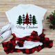 thumbnail image 1 of Camiseta con estampado de leopardo de Feliz Navidad para mujer, camiseta informal básica con cuello redondo, camiseta negra de manga corta para mujer, 1 of 4