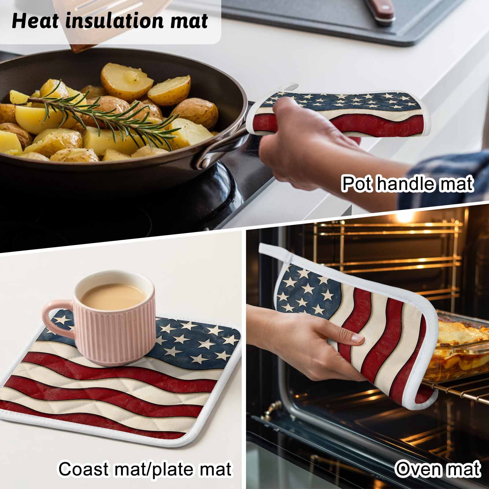 Retro American Flag Pot Holders for Kitchen Heatproof Potholder, 5 Pack White Star Red Blue US Flag Hot Pads Multipurpose Oven Pads Cloth Potholders Trivet for Cooking Baking