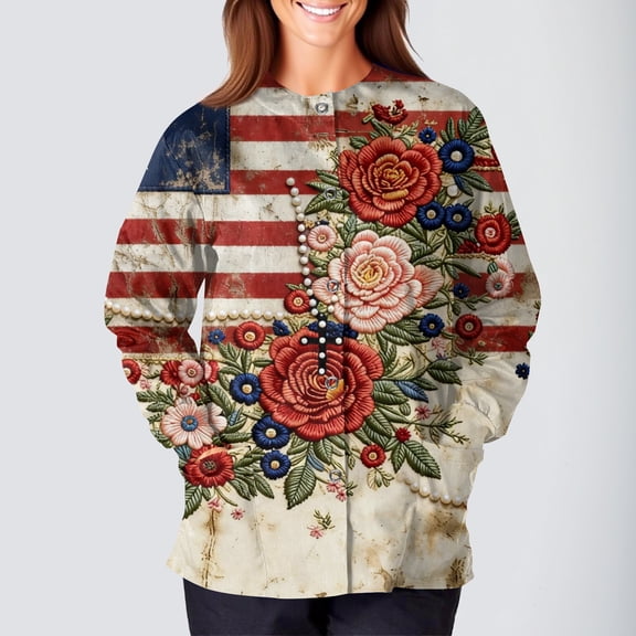 Women Nursing Scrub Jackets 250th Anniversary Usa Nurse Uniforms Casual Long Sleeve Crew Neck Patriotic American Flag Shirts