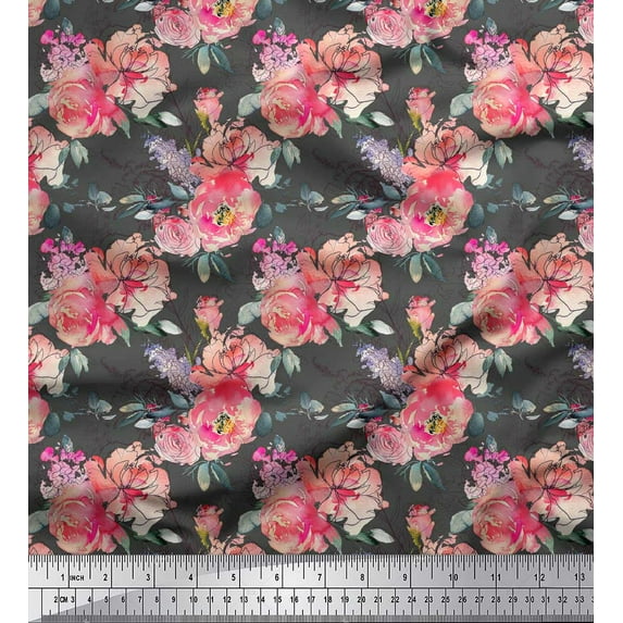 Soimoi Gray Poly Georgette Fabric Ranunculus & Roses Floral Print Fabric by the Yard 42 Inch Wide