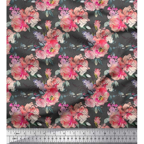 Soimoi Gray Cotton Poplin Fabric Ranunculus & Roses Floral Decor Fabric Printed Yard 42 Inch Wide