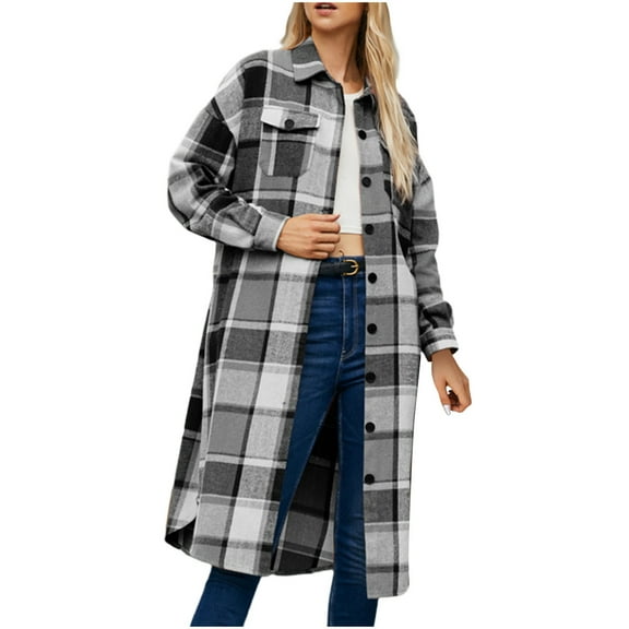 Fall And Winter Warm Oversize Coats For Women Trendy Lapel Buckle Pocket Woolen Checkered Striped Black Outwear Jackets S
