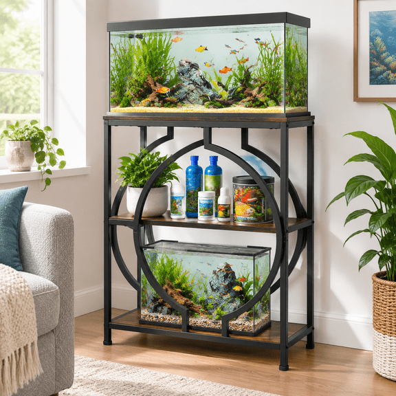 20 Gallon Aquarium Stand Modern 3 Tier Fish Tank With Storshelves Heavy Duty Metal Frame Circular Design Terrarium For 20 Home &