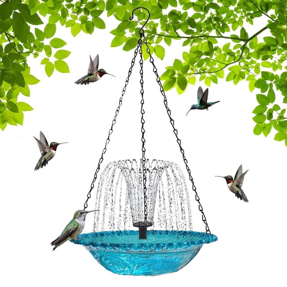 Hanging Bird Bath with Solar Fountain and Large Glass Bowl, Wild Bird Waterer for Patio