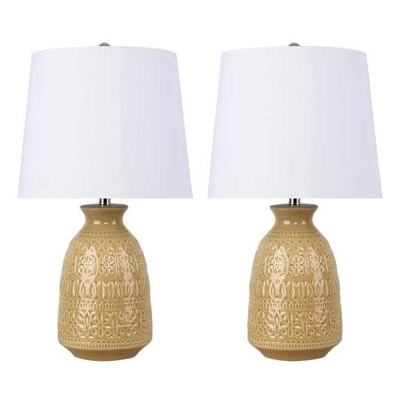 20" Blush Ceramic Table Lamp w/ Patterned Base & White Linen Shade (Set of 2)