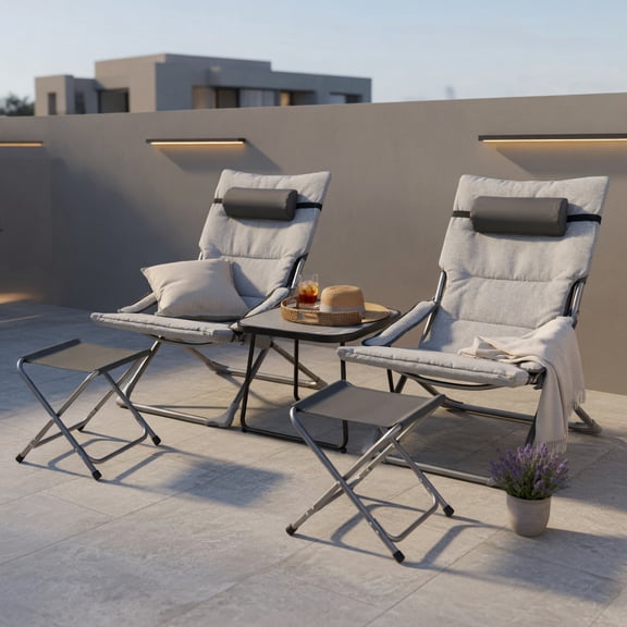 Hommoo 5-Piece Folding Patio Sling Chair Set with Footrests, Coffee Table & Headrest Pillows, Outdoor Lounge Seating for Deck, Poolside & Garden, Gray