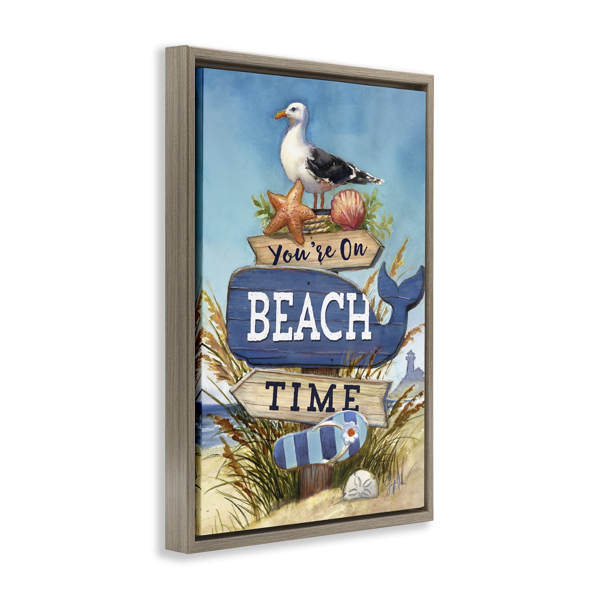 Stupell Industries On Beach Time Sign Nautical & Beach Painting Brown Floater Framed Canvas Art Print Wall Art, 21 x 31