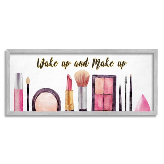 Stupell Industries Wake Up Make Up Watercolor Pink Grey Fashion Word Design Gray Framed Art Print Wall Art, 13x30, by Ziwei Li