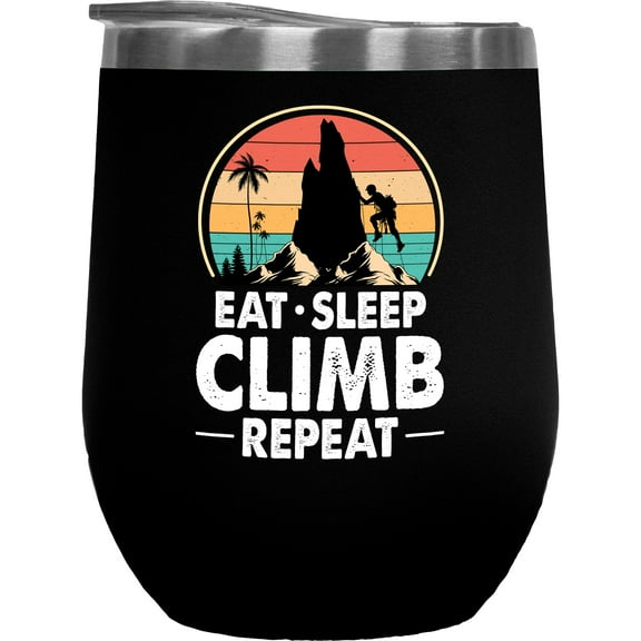 Retro Eat Sleep Climb Repeat - Mountaineer or Rock Climber, Black 12oz Wine Tumbler