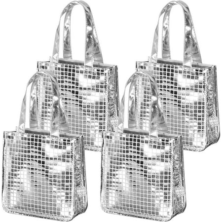 4 Pack Reusable Disco Tote Bag with Handles Last Redeo Bachelorette Silver Mirror Glitter Party Gift Bags 70s 80s 90s Bags with Disco Ball Wedding Birthday New Years Eve Party Favors