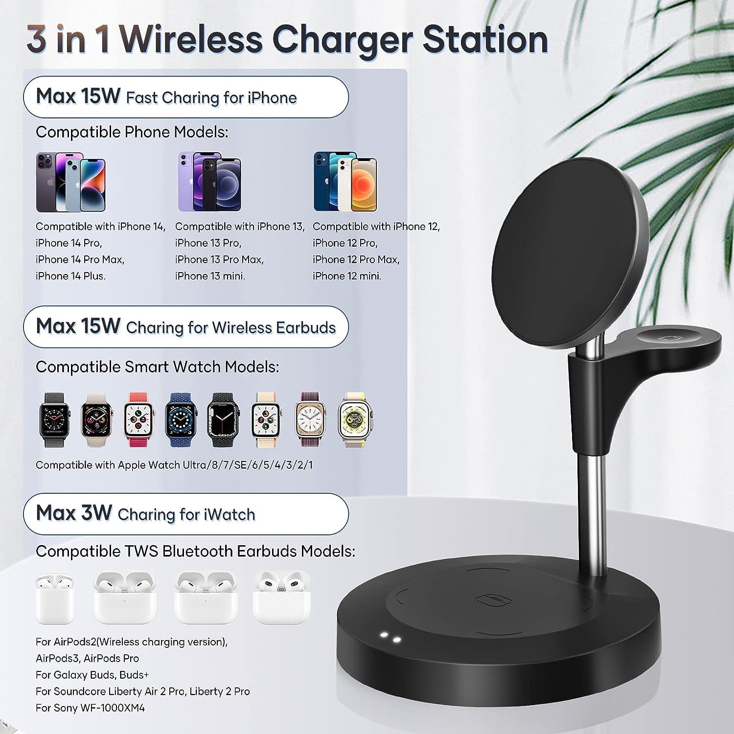 delpattern 3-in-1 Wireless Charger Station, Fast Charging Dock for iPhone 14/13/12, Apple Watch, AirPods (Black)