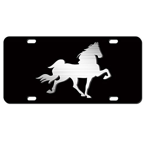 Brushed Aluminum Horse On Black Photo License Plate 