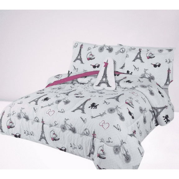 Comforter for kids in TWIN size with matching sheet set and pillow plush toy super soft easy wash girl boy bed décor paris eiffel print design