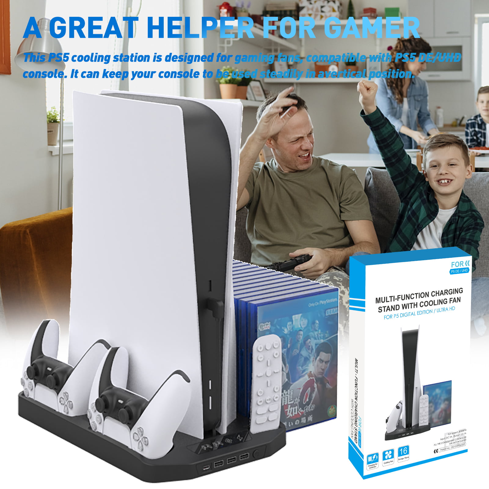 3 USB Ports &14 Game Slots for PS5 Digital & Disc Edition KIWIHOME PS5 Cooling Stand with Suction Cooling Fan and Dual Controller Charger Station for Playstation 5 PS5 Console PS5 Accessories Stand 