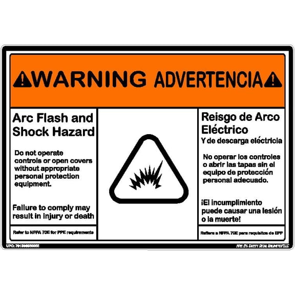 ANSI Warning Arc Flash Shock Hazard PPE Required Advertencia Bilingual Orange Black White Label Sticker Decal Made in America 3.5 x 5