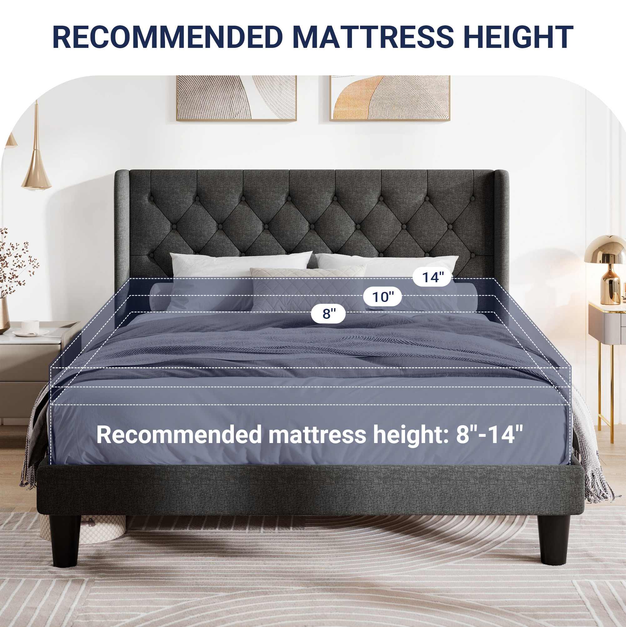 Allewie Full Size Upholstered Platform Bed Frame with Fabric Wingback Button Tufted Headboard, Dark Grey