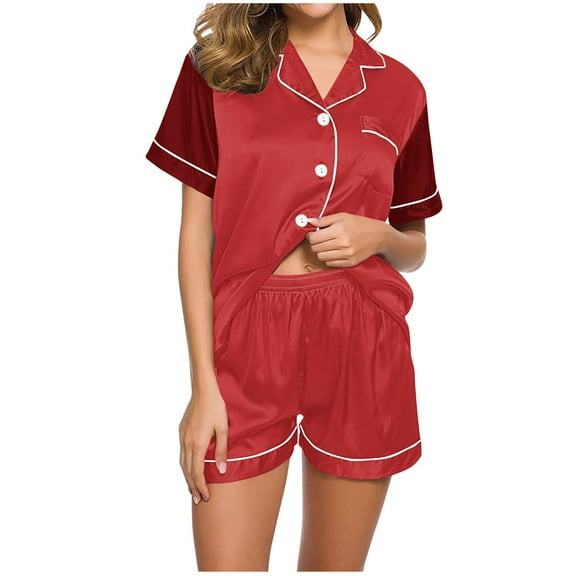 Jalioing Pajamas Set Womens Short Sleeve Lounge Sets Button down Collar Shirt and Shorts 2 Piece Outfits