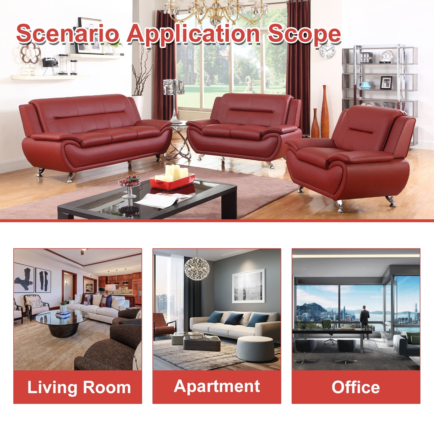 Leather Sofa Chair, Modern Accent Chair Comfy Sofa Couch Curved Armchair for Living Room, Bedroom, Red