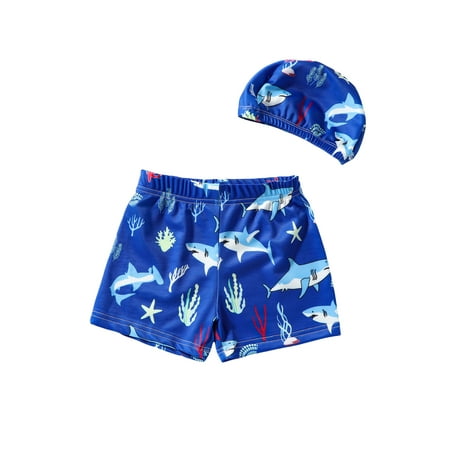 

Suanret 2Pcs Kids Boys Swim Shorts Shark Dinosaur Print Swim Trunks Swimsuit Bathing Suit with Swim Cap Beachwear Blue Shark 5-6 Years