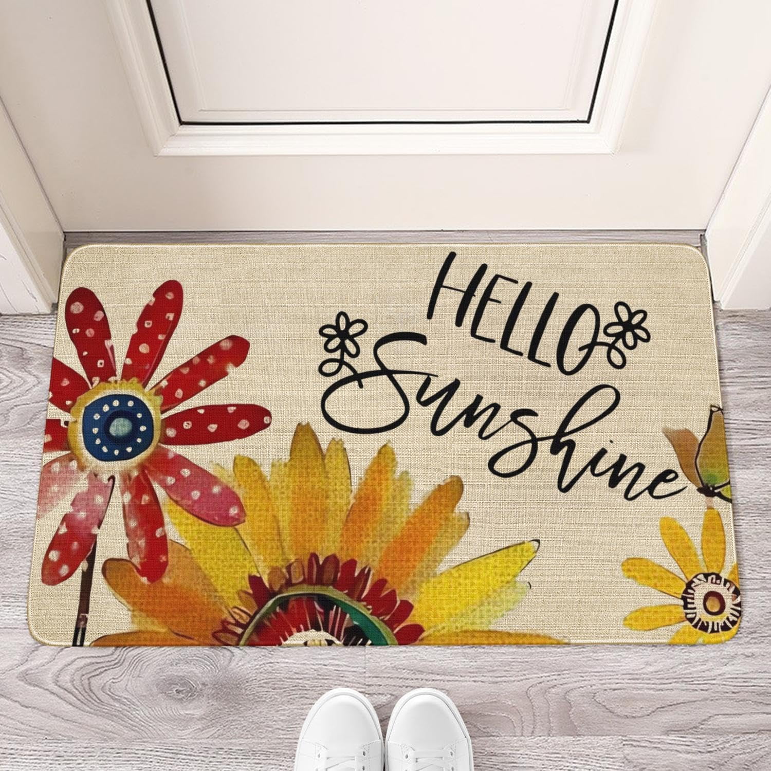 Hello Summer Door Mat 30 X 17 Inch Doodle Sunflower Butterfly Door Mat Indoor Outdoor Entrance Floor Mat Non Slip Summer Decor Rubber Welcome Mats