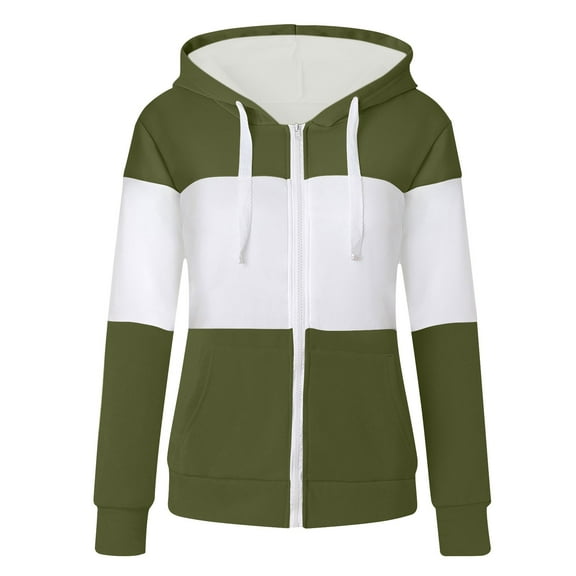 Womens Zip Up Hoodies Color Block Sweatshirt Women Loose Hooded Tops Fall Lightweight Long Sleeve Jacket with Pockets Casual Fashion Hoodie Sweat Top Outwear Streetwear army green S
