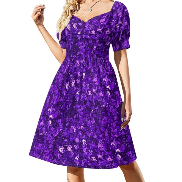 Vestido de manga corta con estampado de lentejuelas moradas Ropa femenina Vestido de verano mujer 2025 Vestidos elegantes Vestido