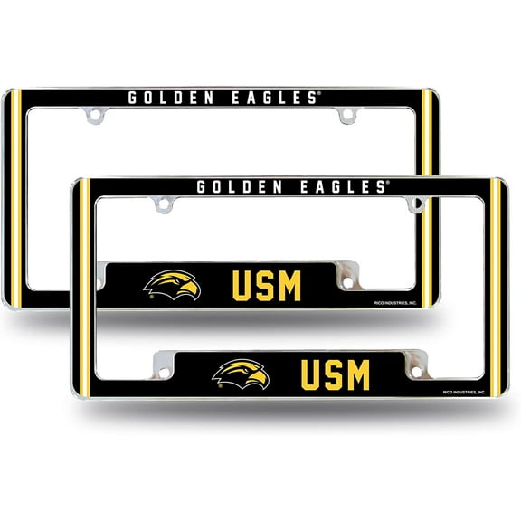 Southern Mississippi NCAA Golden Eagles (Set of 2) Chrome Metal License Plate Frames with Bold Full Frame Design