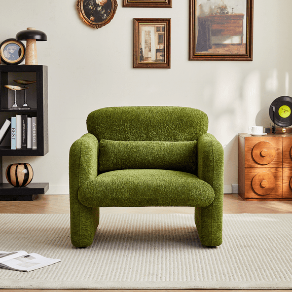 Dtwnek Velvet Fabric Single Sofa Chair with Support Pillow, Upholstered Accent Chair for Apartment, Office, Living Room, Bedroom, Green