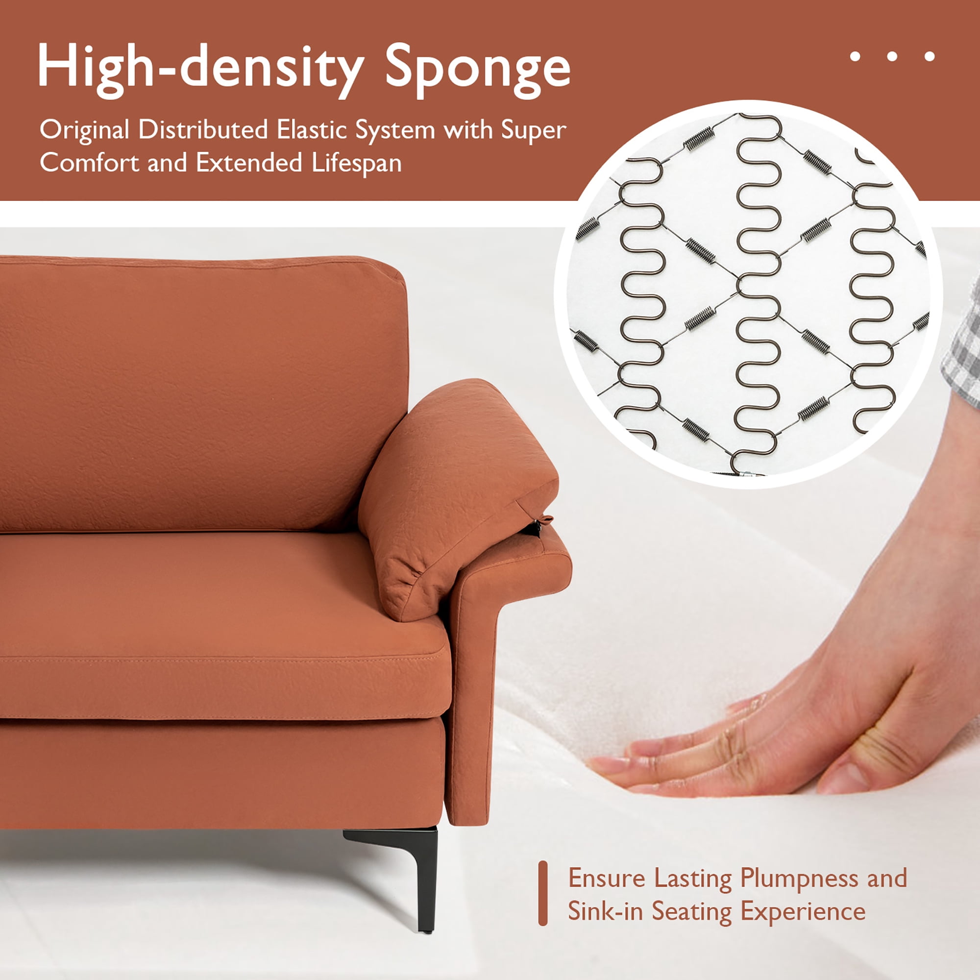 Costway Modern Loveseat Fabric 2-Seat Sofa Couch for Small Space w/ Metal Legs Rust Red