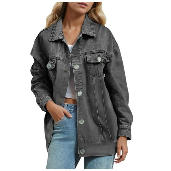 GEWSEY Women’s Oversized Button Up Frayed Hem Shacket Long Sleeve Pockets Denim Jean Jacket (Grey, L)