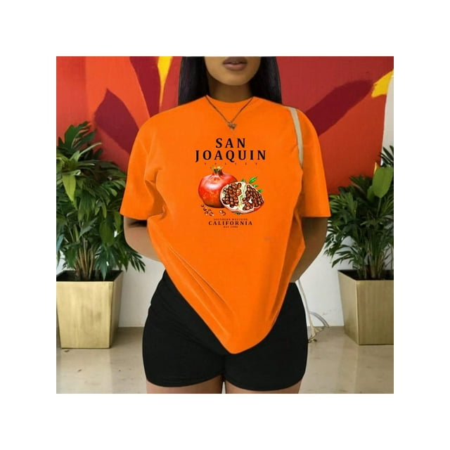 Playera Frutal Granadas San Joaquin Valley – Estilo Fresco con Sabor a Granada Ropa Para Mujer Color Anaranjado Talla Grande Marca Emil SaEs