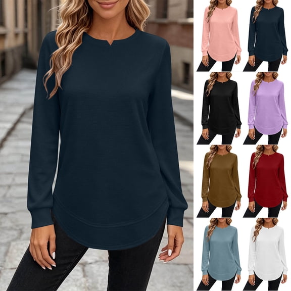 Lutiedan Waffle Knit Tunic Tops for Women Long Sleeve Curved Hem Shirts Casual Crewneck Fall Pullover Blouses S-XXL