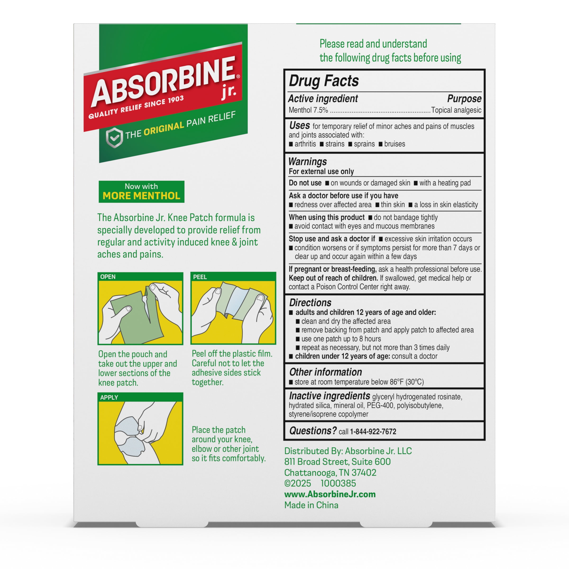Absorbine Jr. Knee Pain Relief Patch for Knee Cramps, Strains, and Joint Pain, 6 Count