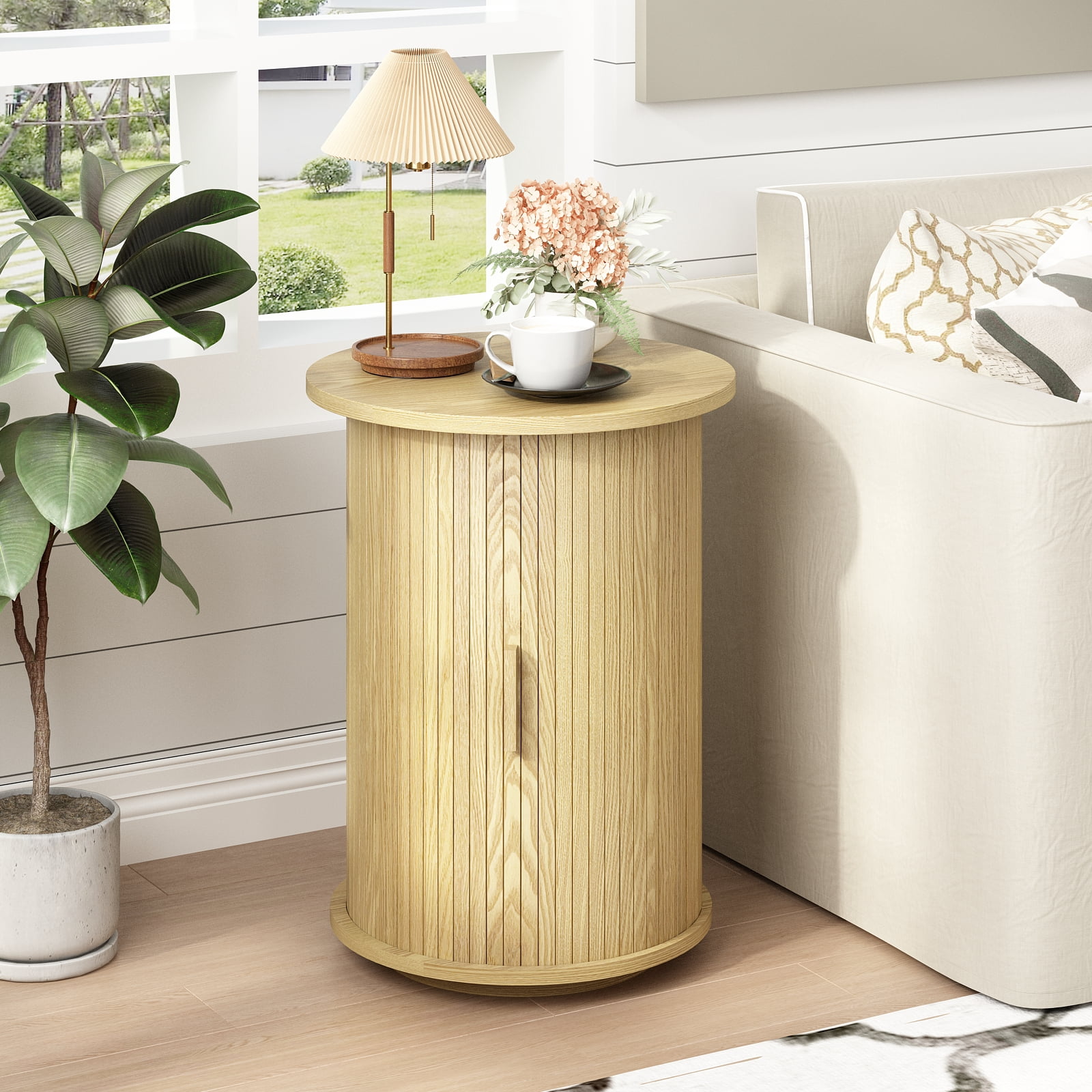 18'' Fluted Round End Tables with Sliding Door, Modern Side Table Nightstands for Living Room Bedroom,Natural