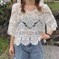 thumbnail image 4 of Women French Hollow Out Crochet Knit T-Shirts 3/4 Sleeve Crewneck Floral Lace Loose Blouse Beach Cover Up Tops, 4 of 8