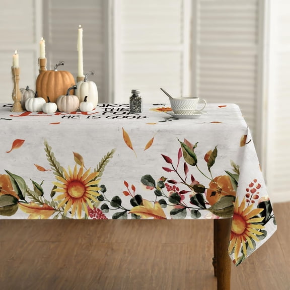 Thanksgiving Tablecloth 60×84 Inch Rectangular, Flower Leaves Washable Table Cover for Party Picnic Dinner Decor